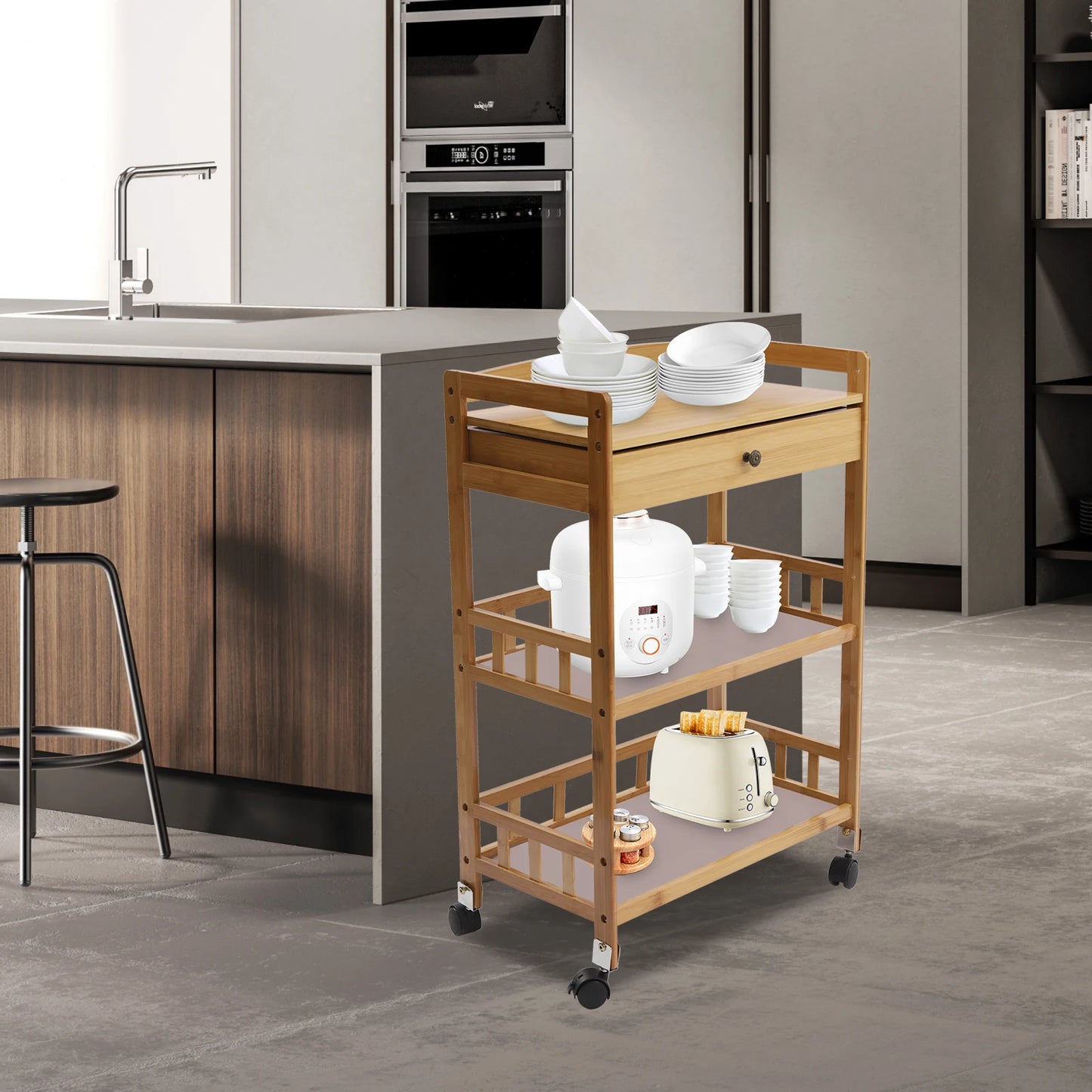 Mobile Kitchen Cart Trolley Rolling Wheelcart Storage Rack Beauty Salons Restaurants Bamboo 65kg Bearing
