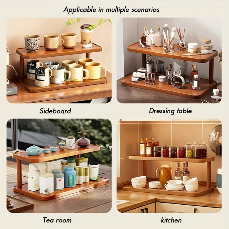 Versatile 2-Tier Wooden Storage Rack for Kitchen & Tea Room - Countertop Organizer with Decorative Handles, Ideal for Spices