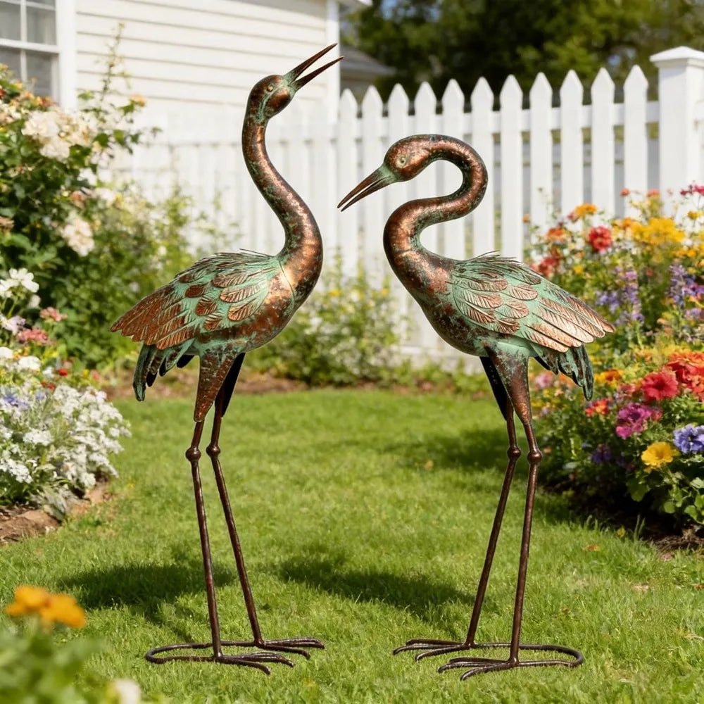 Blue Heron Garden Statues, Metal Crane Sculptures for Outdoor Decor, Patina Art Lawn Ornaments for Yard Patio