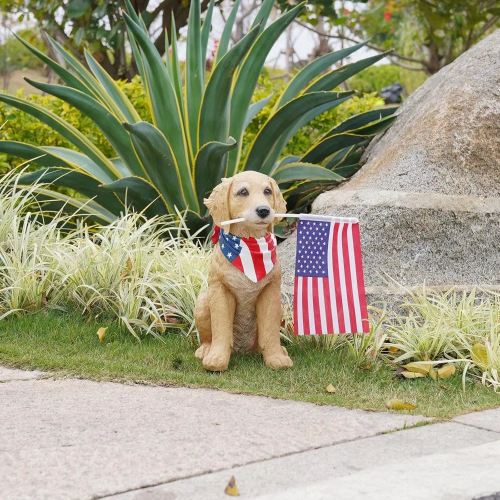 Large Resin Puppy with American Flag Statue for Outdoor Yard Lawn Decor, Patriotic Garden Decoration 12.5x8.5x13.5 Inch