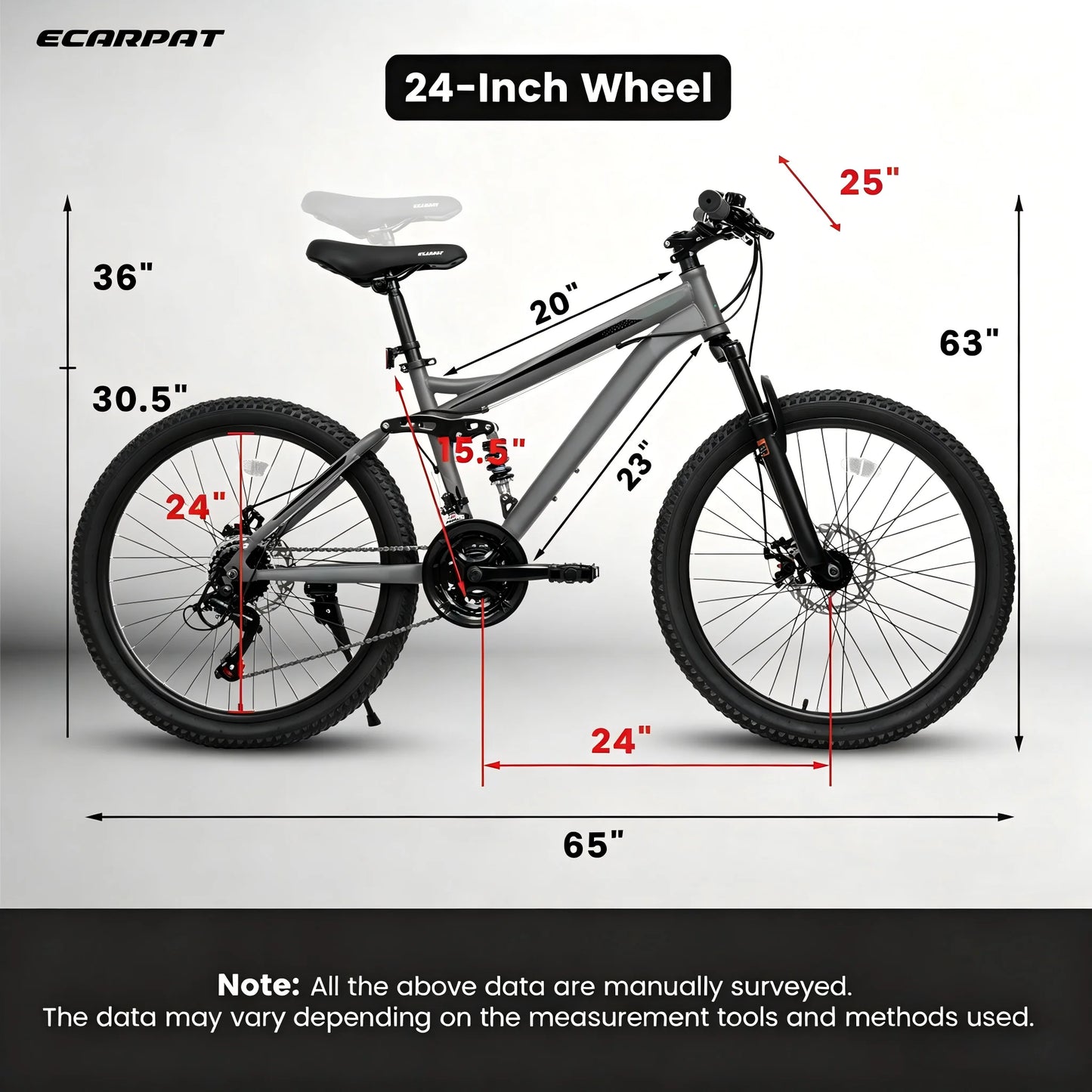 24 Inch Mountain Bike with Full Suspension 21 Speed Shifter Lever with Gear Indicator Mechanical Disc Brakes, Unisex for Adults