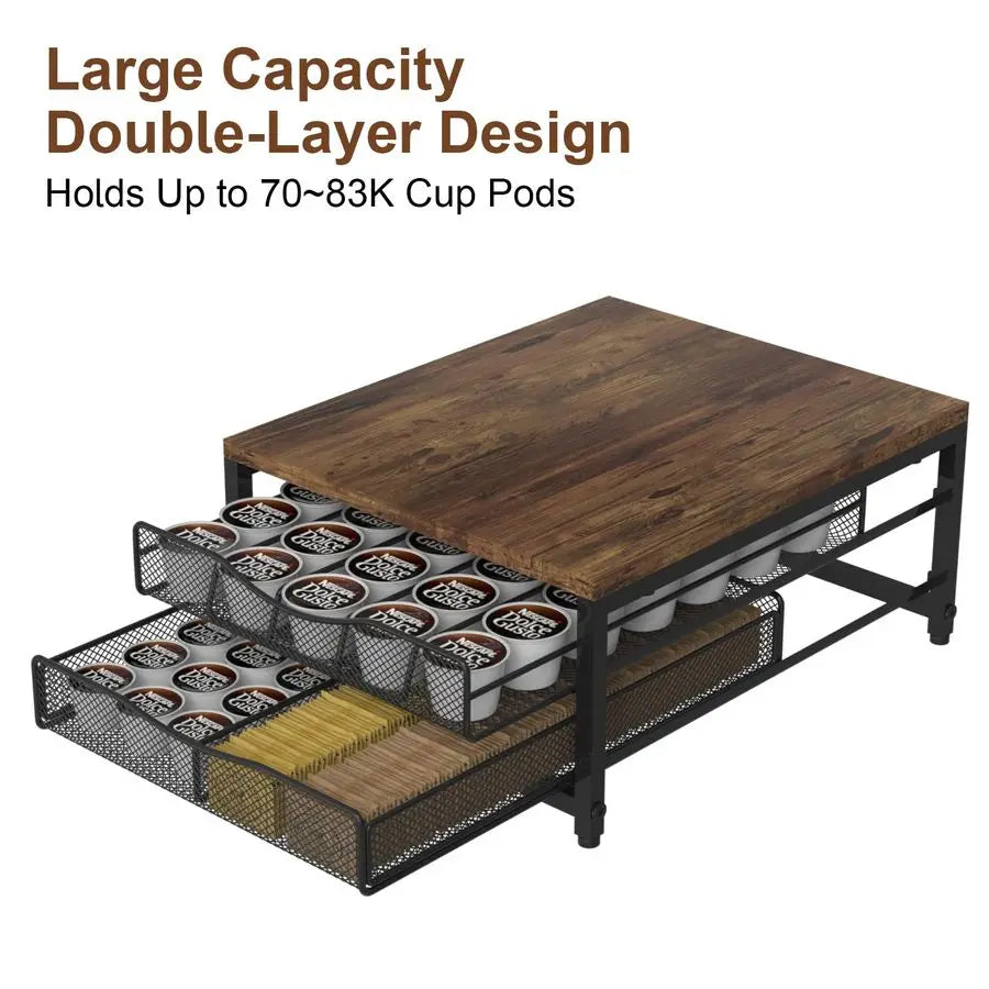 Pod Holder For Counter, Wooden K Cup Holder with Sliding Drawer, Large Capacity Coffee Pod Storage for Coffee Station, Home, Off