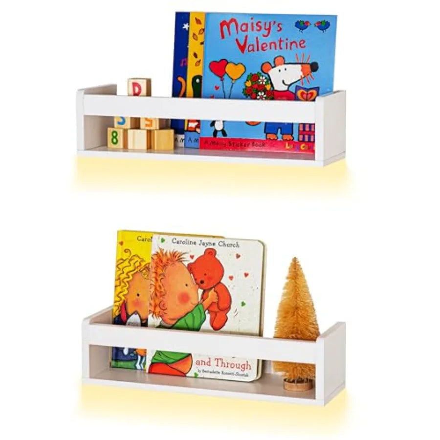 Nursery Book Shelves - Wooden Wall Shelves with LED Light for Books Decor and Storage Bookshelf for Baby Room Living Room and S