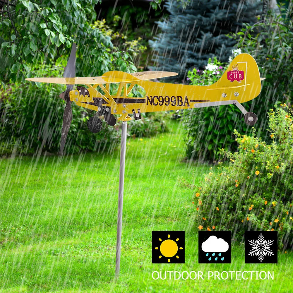 3D Plane Wind Spinner Creative Chic Metal Airplane Garden Weather Vane Plug Decor Anti-corrosion Ornaments for Family Courtyards