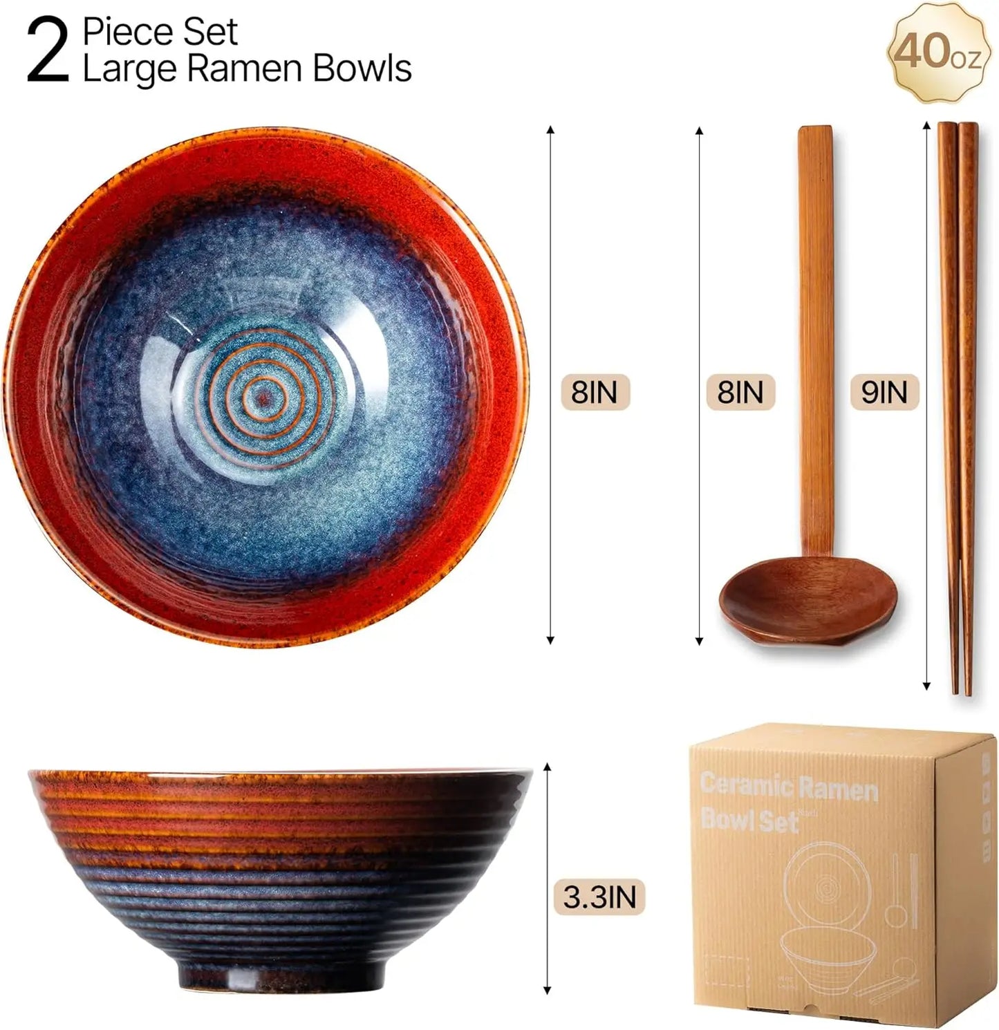 8 Inch Ceramic Ramen Bowl Set of 2, Durable, Microwave & Dishwasher Safe for Ramen, Pho, Salad