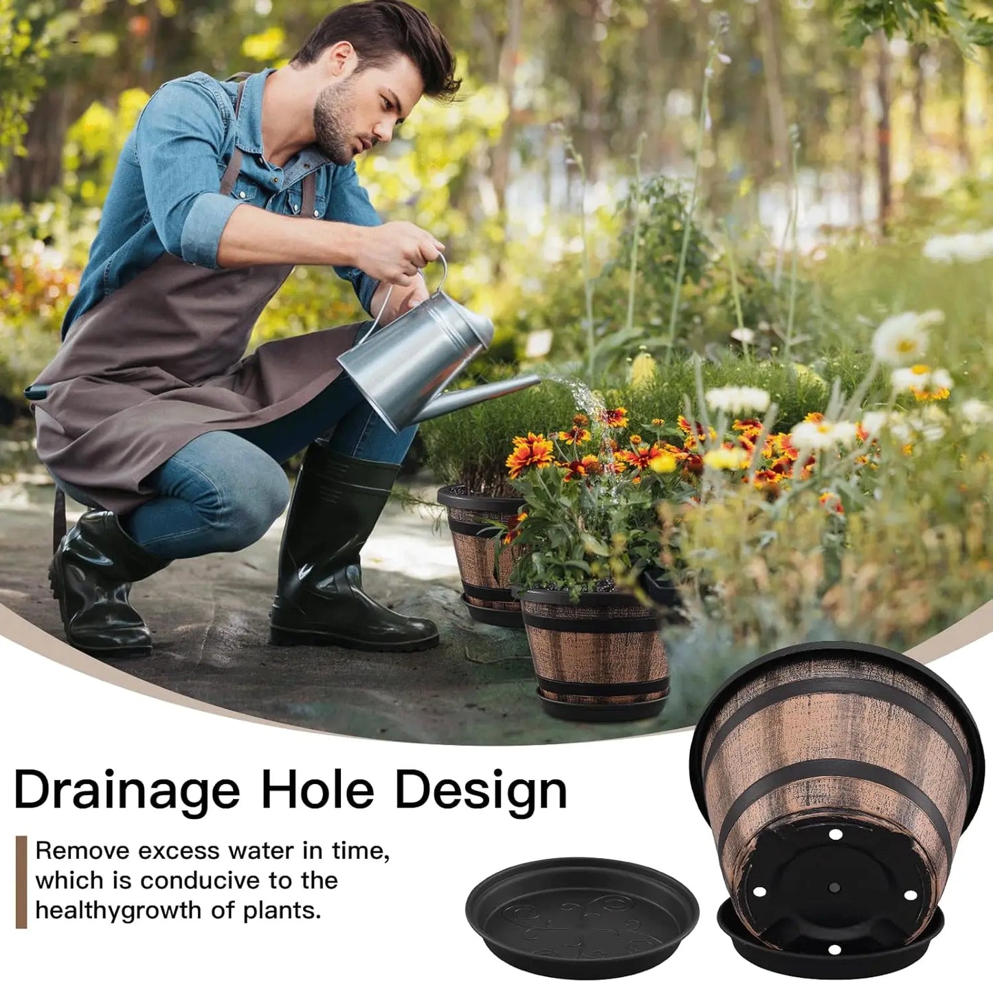 3 Pack 10 inch Plant Pots,Whiskey Barrel Planters with Drainage Holes & Saucer, Plastic Decoration Flower Pots Imitation Wine