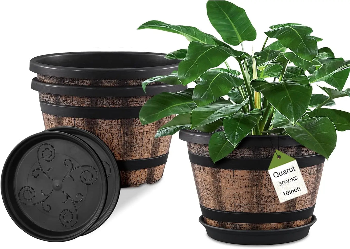 3 Pack 10 inch Plant Pots,Whiskey Barrel Planters with Drainage Holes & Saucer, Plastic Decoration Flower Pots Imitation Wine