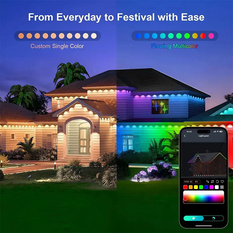 Permanent Outdoor Lights 150FT 90LEDs Smart RGBIC Eaves Lights Scene Modes IP67 Waterproof for Halloween Christmas Decorations