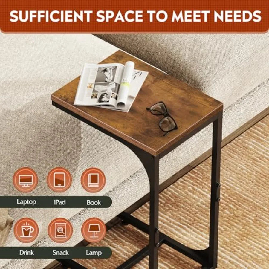 C Shaped End Table Small Couch Side Tables with Metal Frame That Slide Under Sofa Table TV Tray for Living Room Bedroom Rustic