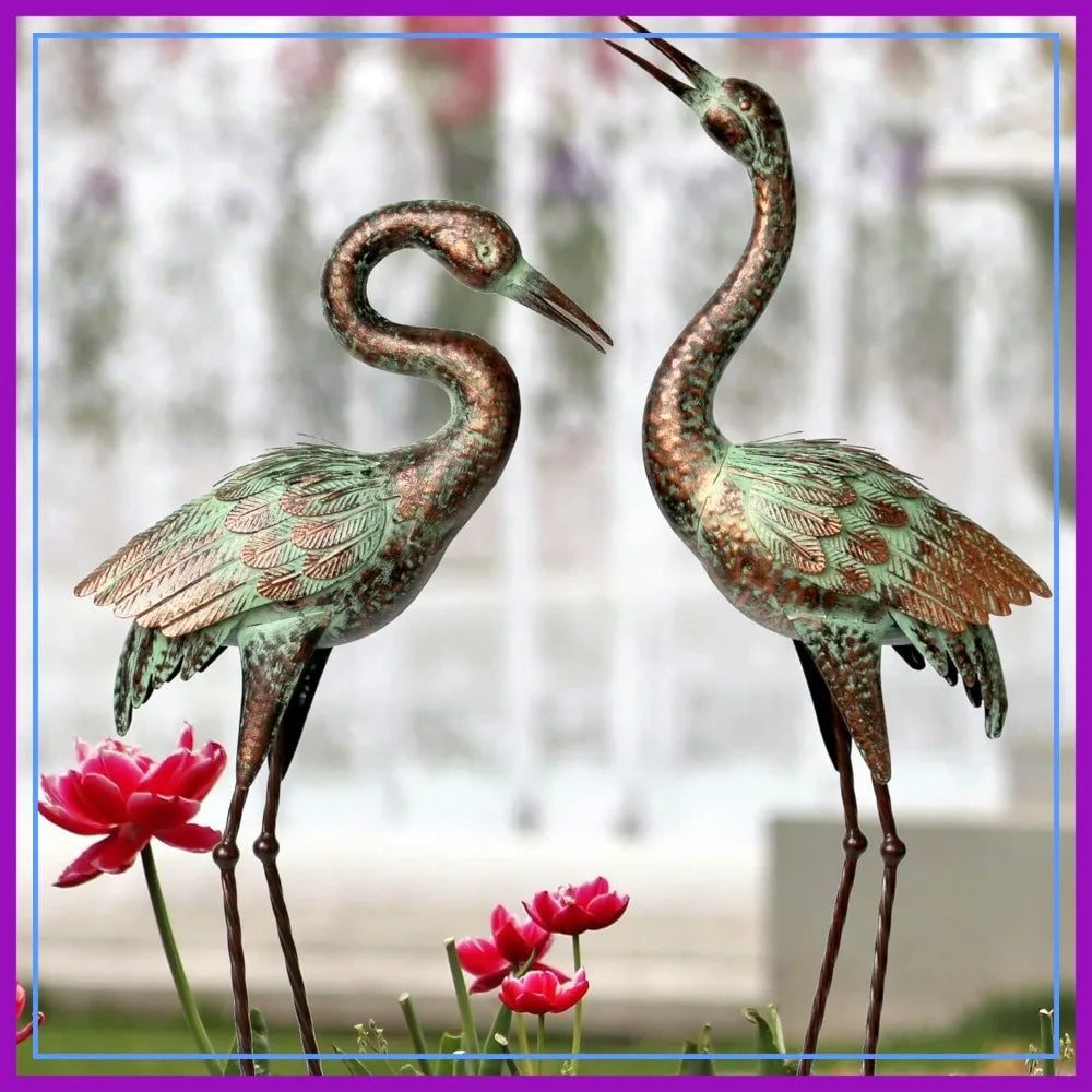 Blue Heron Garden Statues, Metal Crane Sculptures for Outdoor Decor, Patina Art Lawn Ornaments for Yard Patio