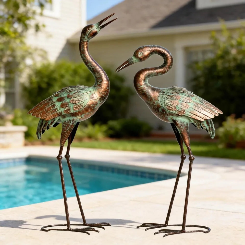 Blue Heron Garden Statues, Metal Crane Sculptures for Outdoor Decor, Patina Art Lawn Ornaments for Yard Patio