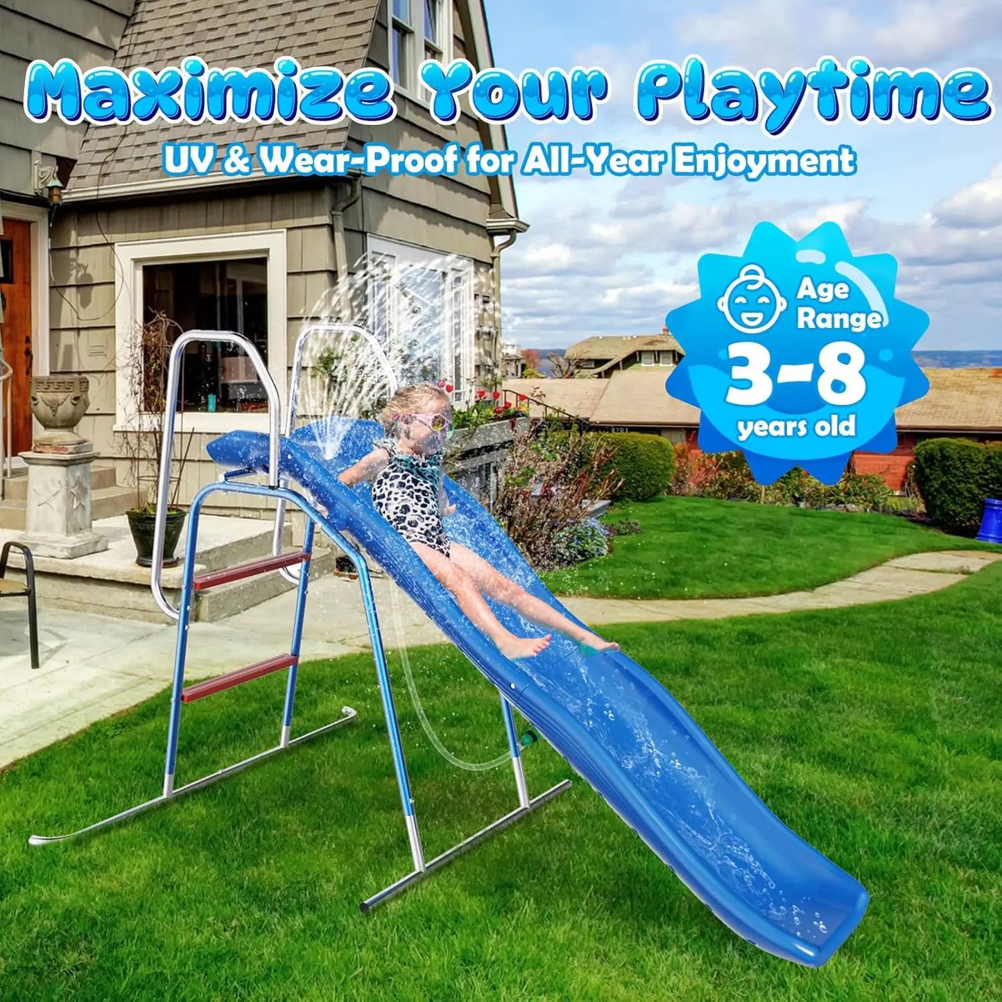 Kids Backyard Water Slide with Triple Spray Sprinkler and Tarp for Summer Outdoor Fun