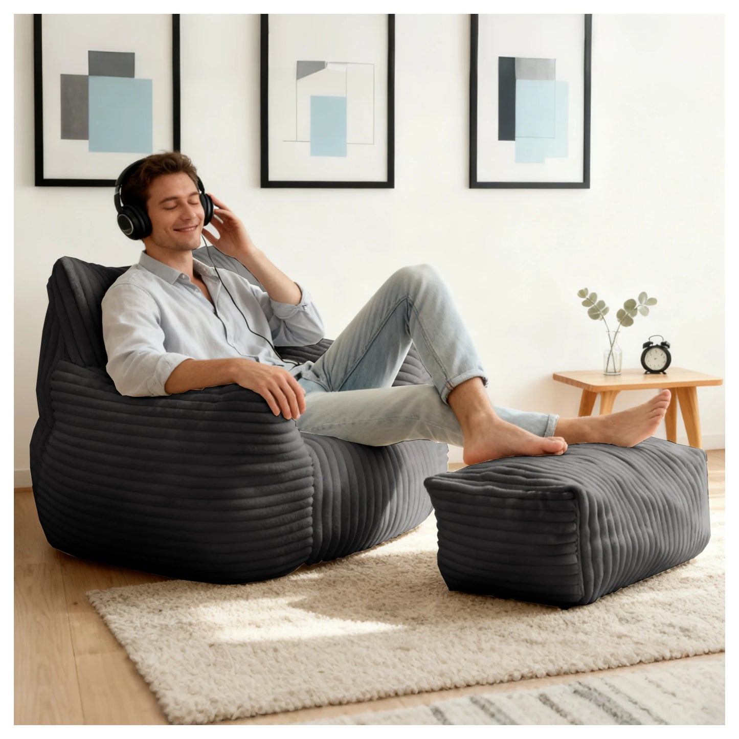 Oversized Bean Bag Chaise Lounge Chair Indoor forAdults with Armrests & Ottoman，Modern Living Room Chair,for Reading,Gaming,