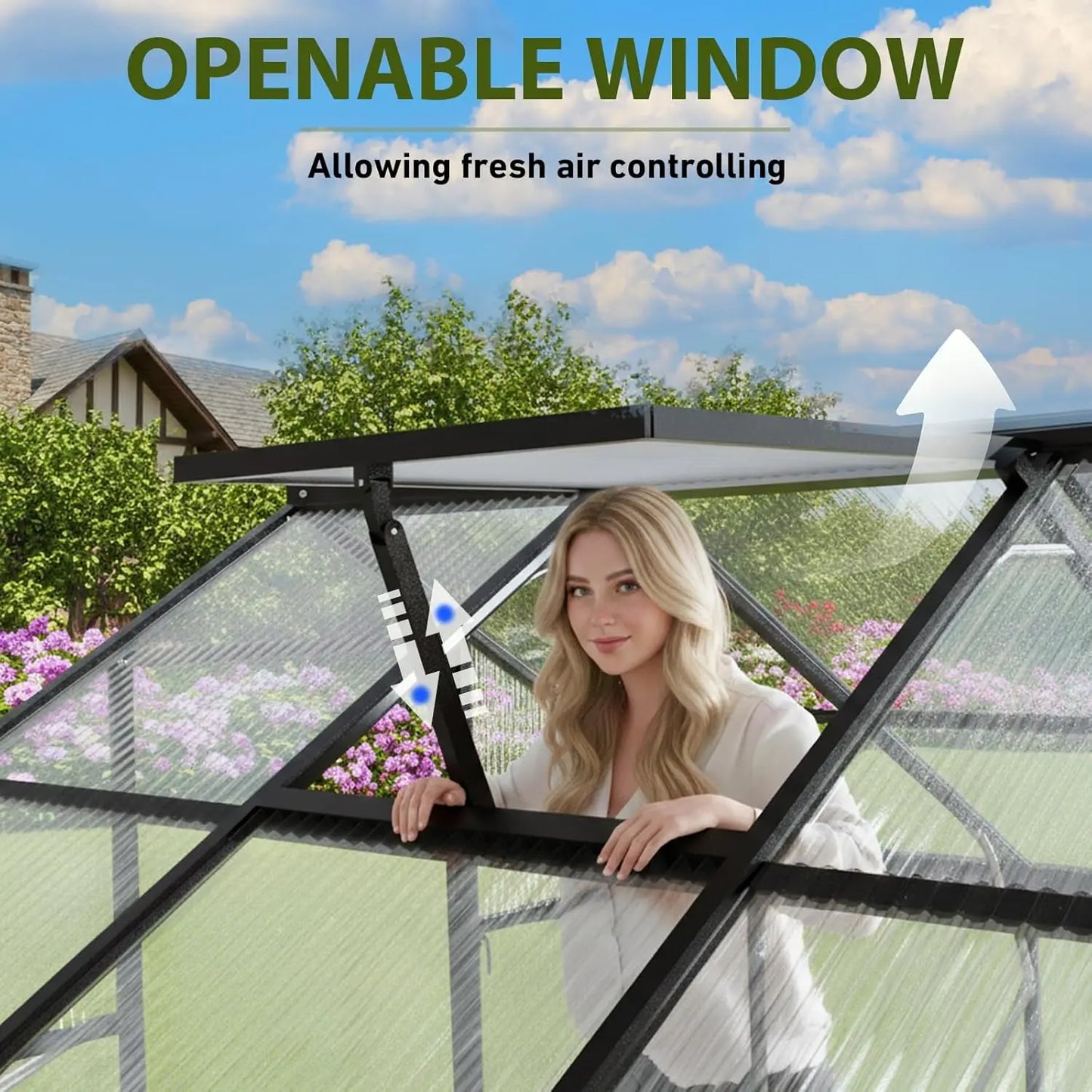 Greenhouse for Outdoors with Hygrometer, Polycarbonate Walk-in Green House for Outside, Reinforced Aluminum, Customized