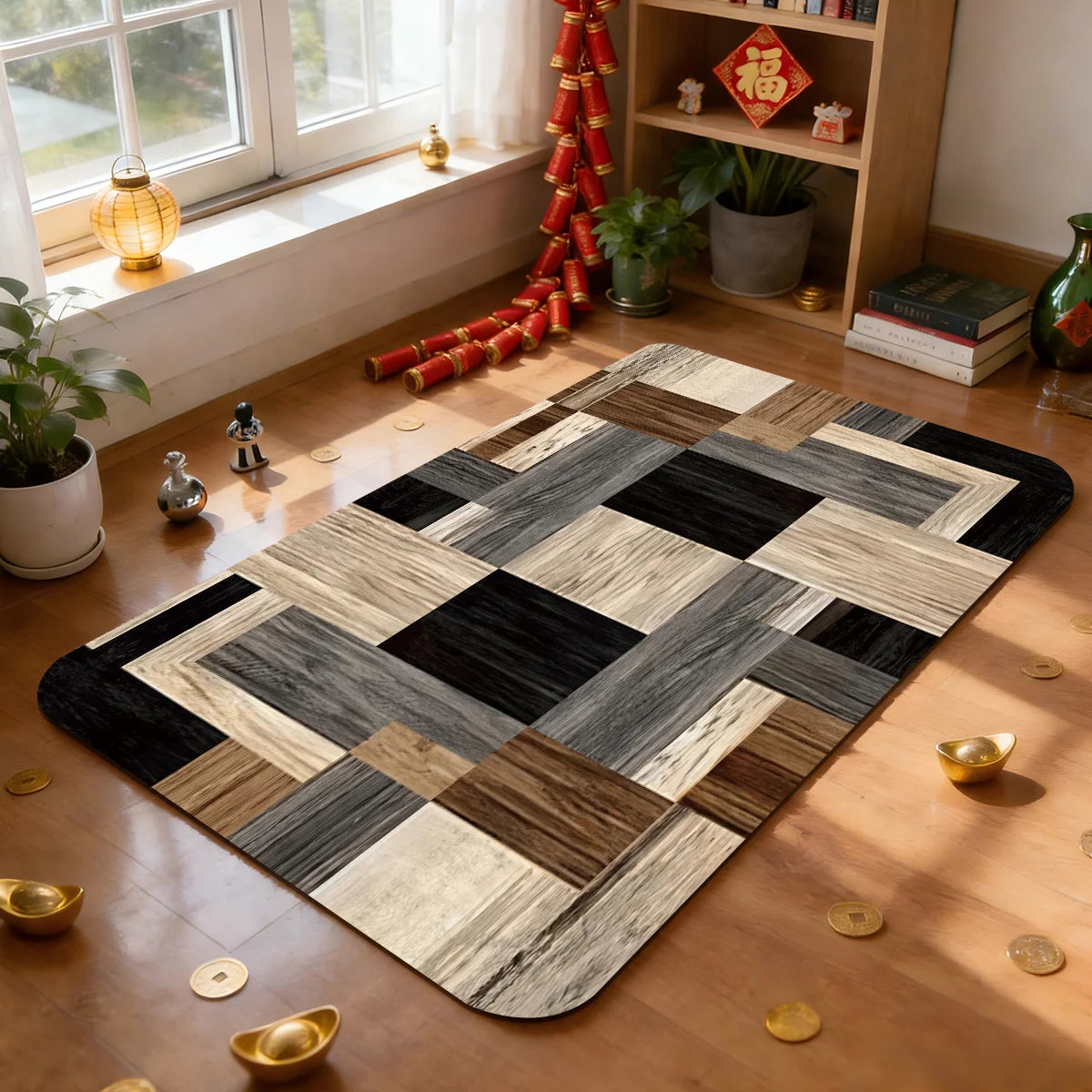 Patchwork Wood Tile Rug – Plaid Design in Neutral Tones for Living Room, Bedroom & Bathroom 40x60cm 50x80cm