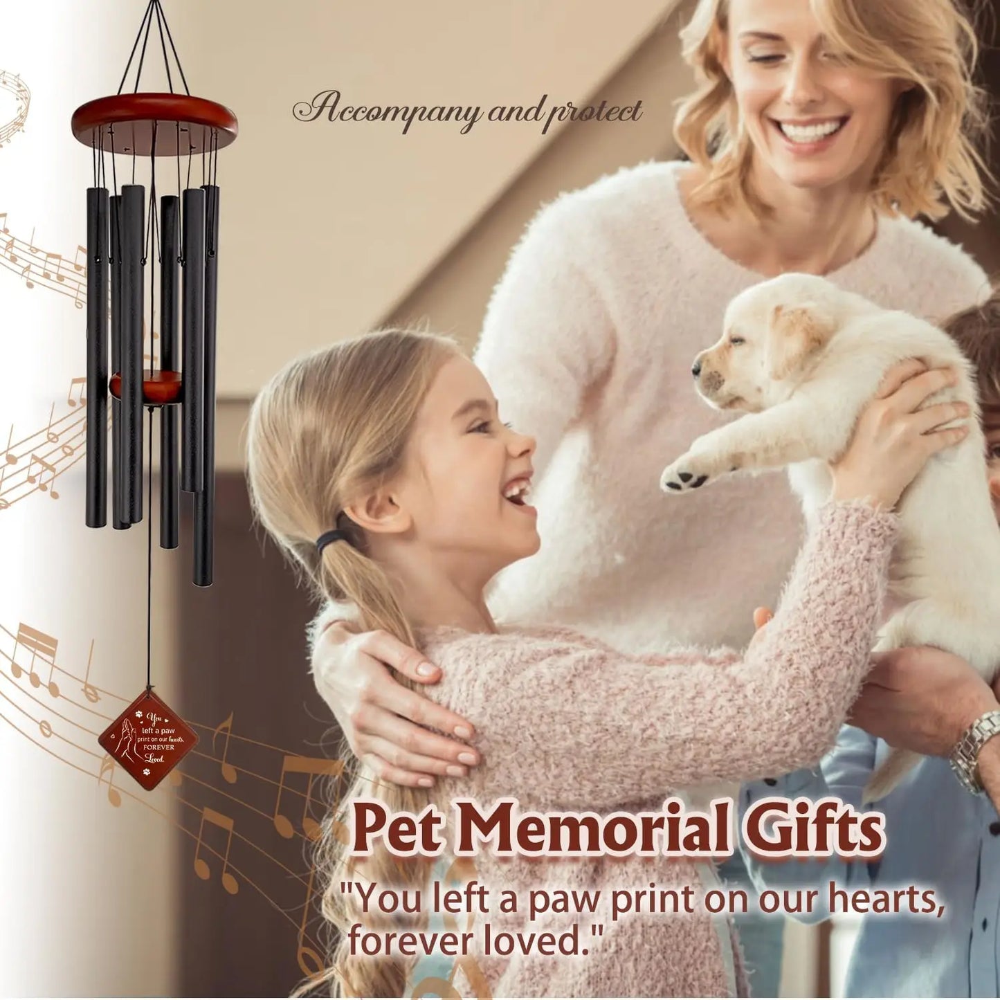 Pet Memorial Wind Chimes for Loss of Dog, Sympathy Gift, Paw Print on Hearts, Outdoor Garden Decor