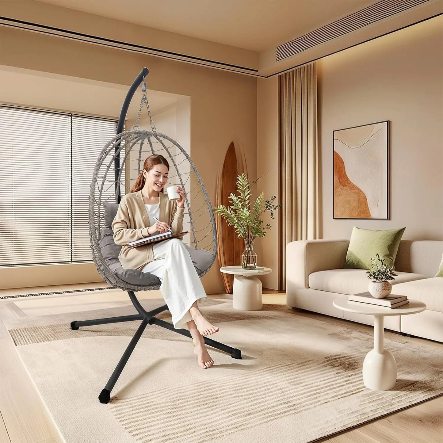 Hanging Egg Chair with Stand, Outdoor Indoor Rattan Wicker Swing Chair, Foldable Patio Hammock with Cushion, Dark, Customized