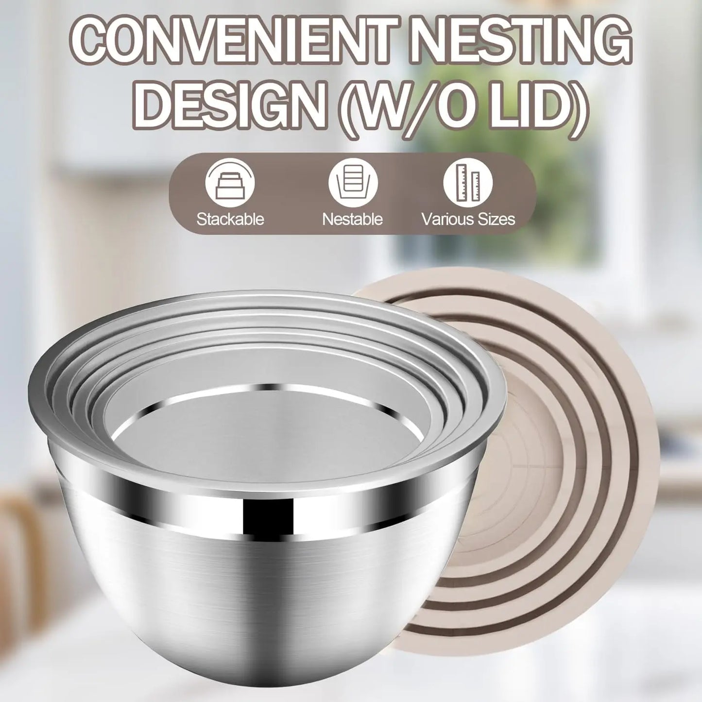 Stainless Steel Mixing Bowls with Lids, Stackable Set Includes Strainer, 5-Piece Beige Kitchenware