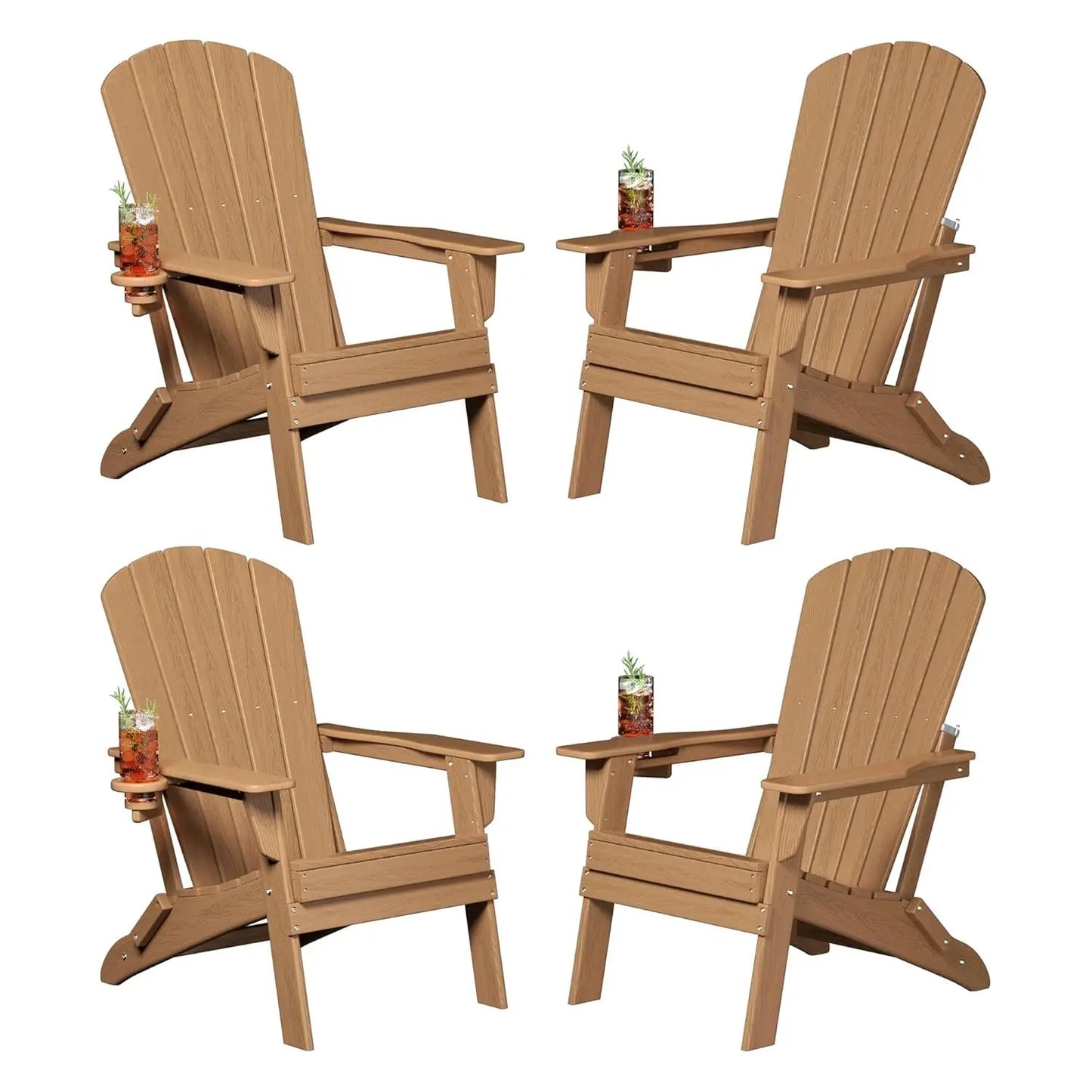 Folding Adirondack Chair Set of 4, Cup Holder，Wooden Textured ，Heavy All-Weather HDPE Comfortable Set Poolside, Customized