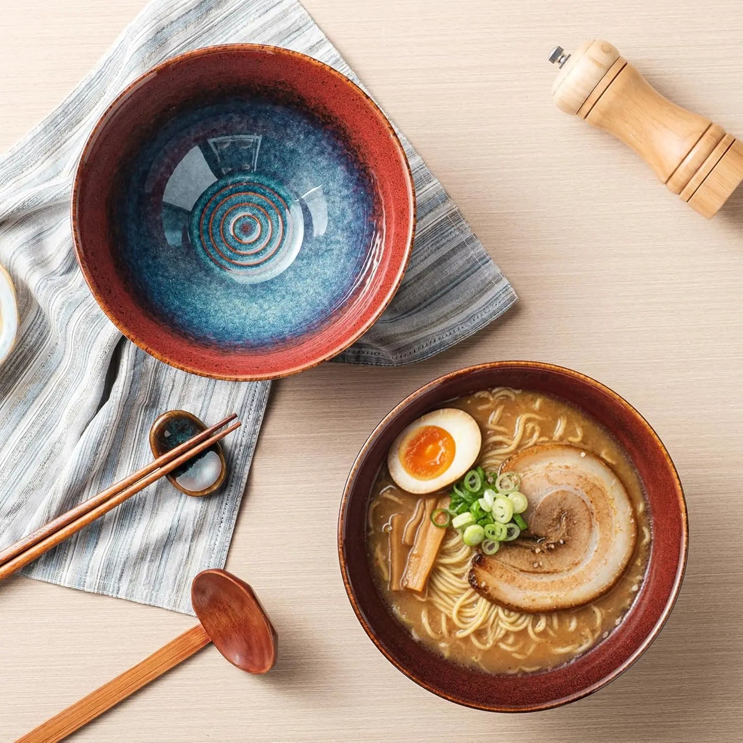 8 Inch Ceramic Ramen Bowl Set of 2, Durable, Microwave & Dishwasher Safe for Ramen, Pho, Salad