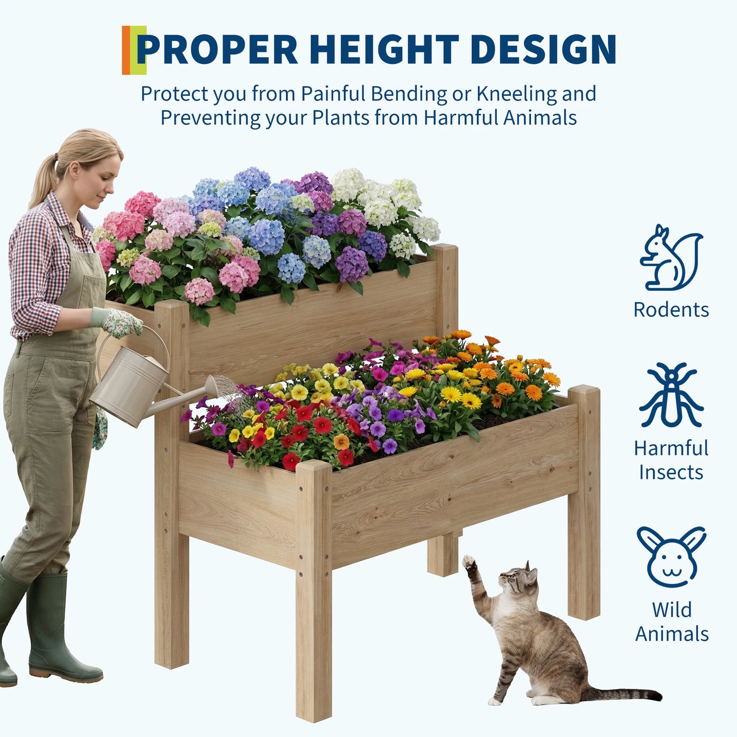 2-Tier Wooden Raised Garden Bed with Legs, Outdoor Planter Box with Drainage Holes, for Vegetables, Flowers, Backyard, Patio