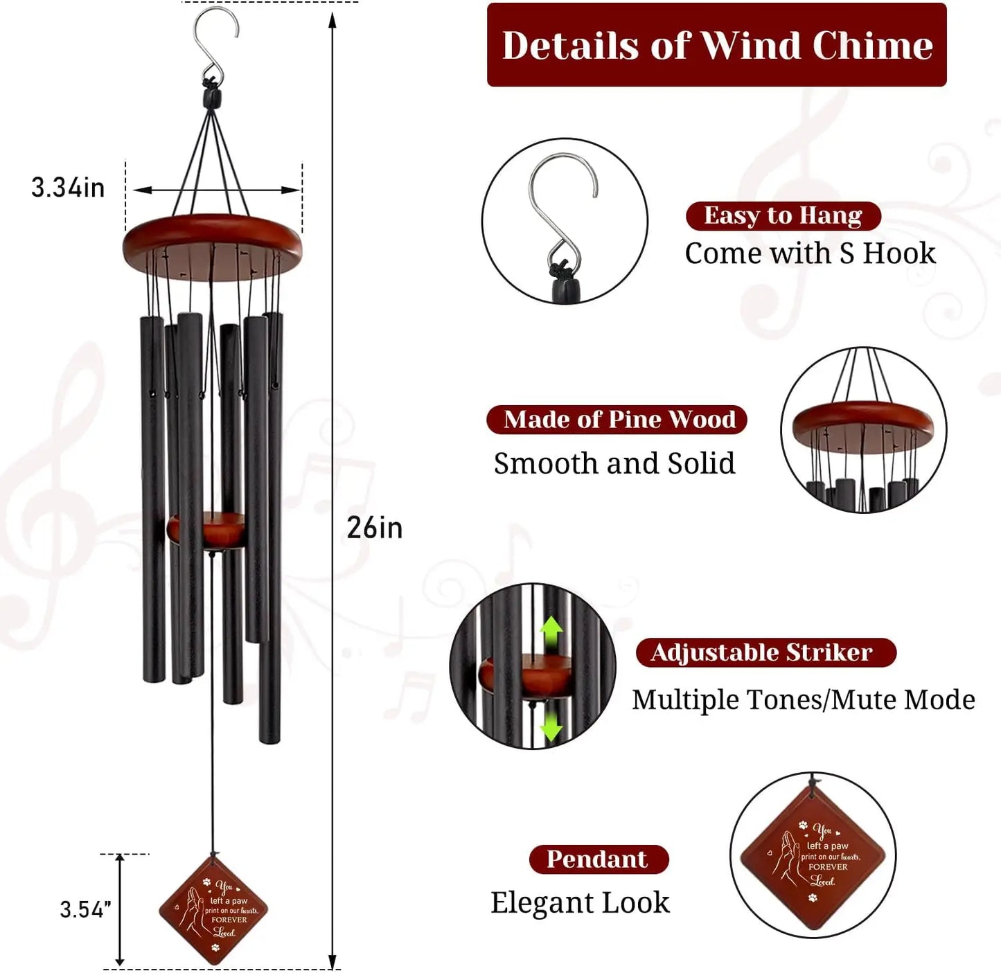 Pet Memorial Wind Chimes for Loss of Dog, Sympathy Gift, Paw Print on Hearts, Outdoor Garden Decor