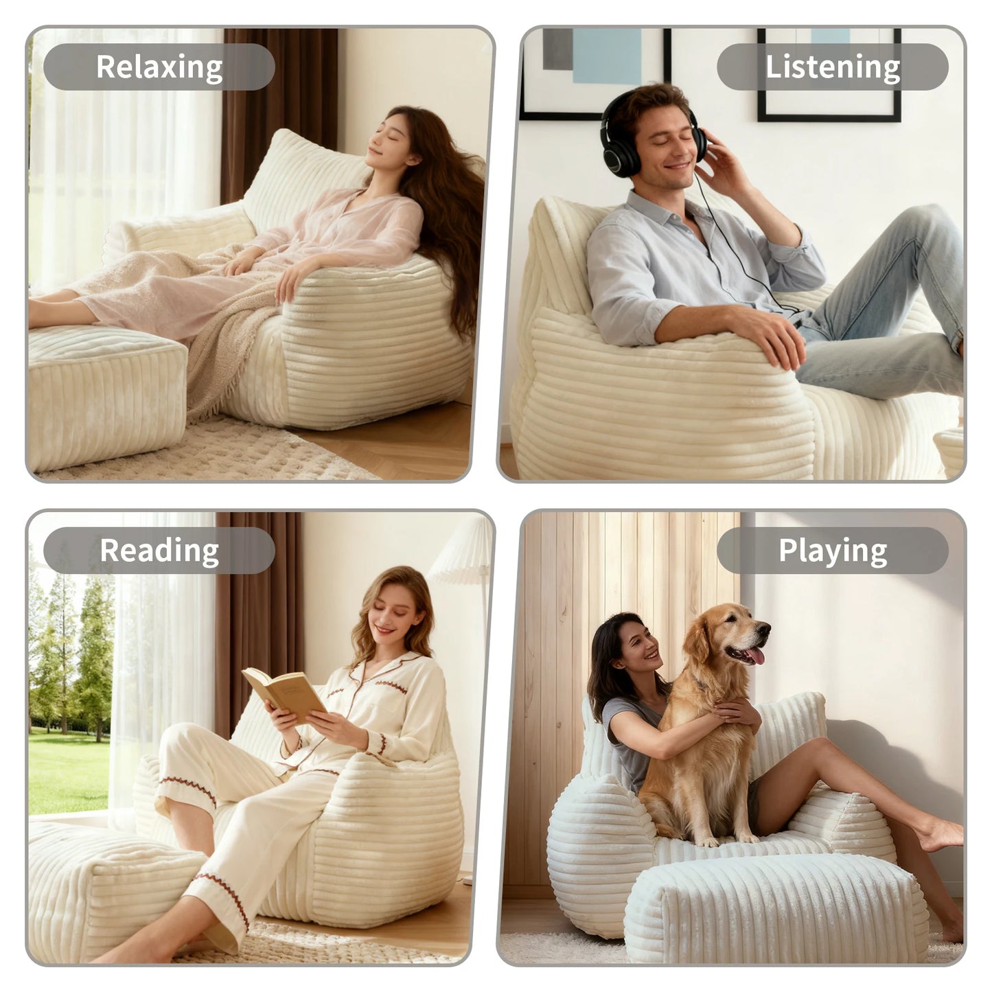Oversized Bean Bag Chaise Lounge Chair Indoor forAdults with Armrests & Ottoman，Modern Living Room Chair,for Reading,Gaming,