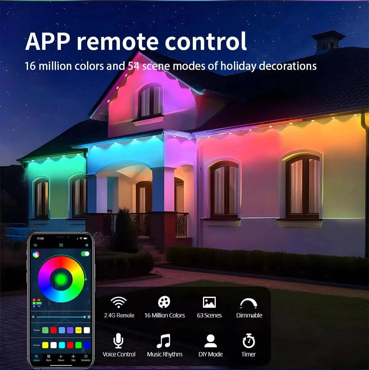 Permanent Outdoor Lights 150FT 90LEDs Smart RGBIC Eaves Lights Scene Modes IP67 Waterproof for Halloween Christmas Decorations