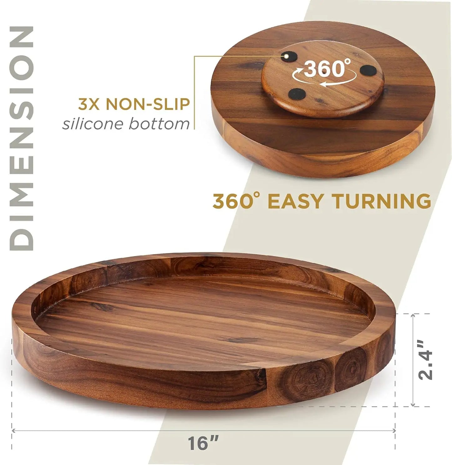 16" Acacia Wood Lazy Susan Turntable Serving Tray for Charcuterie Boards, Extra Large Black Round Kitchen Organizer
