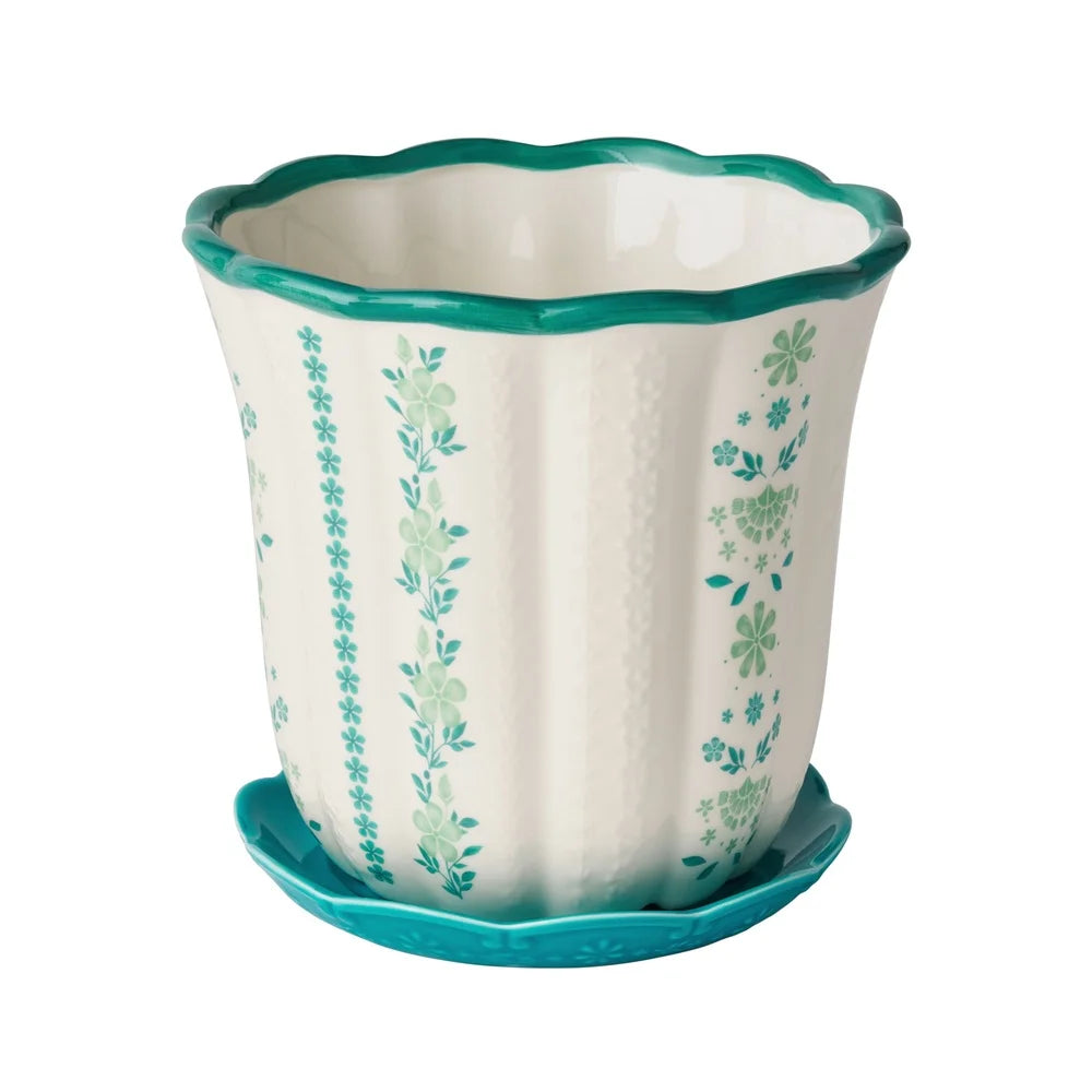 8 Inch Ceramic Scallop Planter with Floral Pattern Drainage Holes Indoor Outdoor Use Perfect Flowers Herbs Succulents