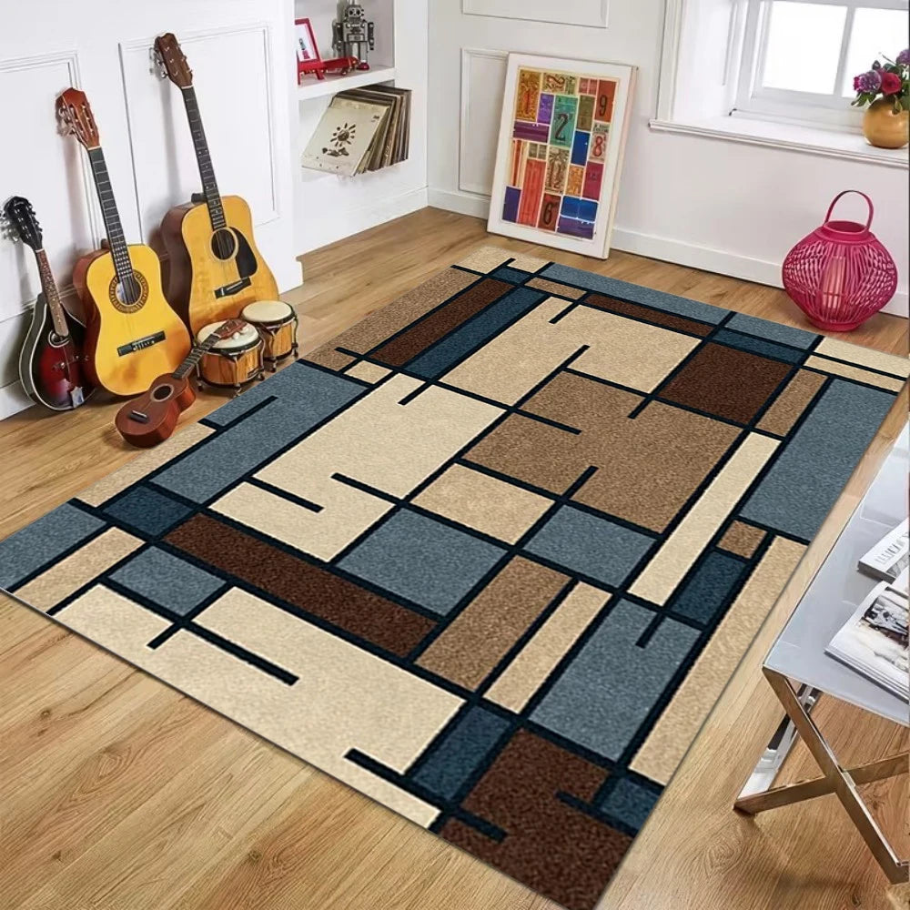 Modern Neutral Patchwork Square Stripe Area Rug - Minimalist Soft Non-Slip Floor Mat for Living Rooms Bedrooms & Home Spaces