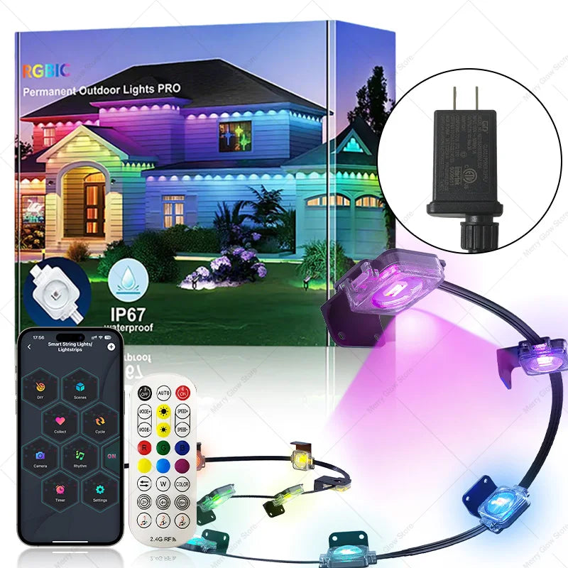 Permanent Outdoor Lights 150FT 90LEDs Smart RGBIC Eaves Lights Scene Modes IP67 Waterproof for Halloween Christmas Decorations
