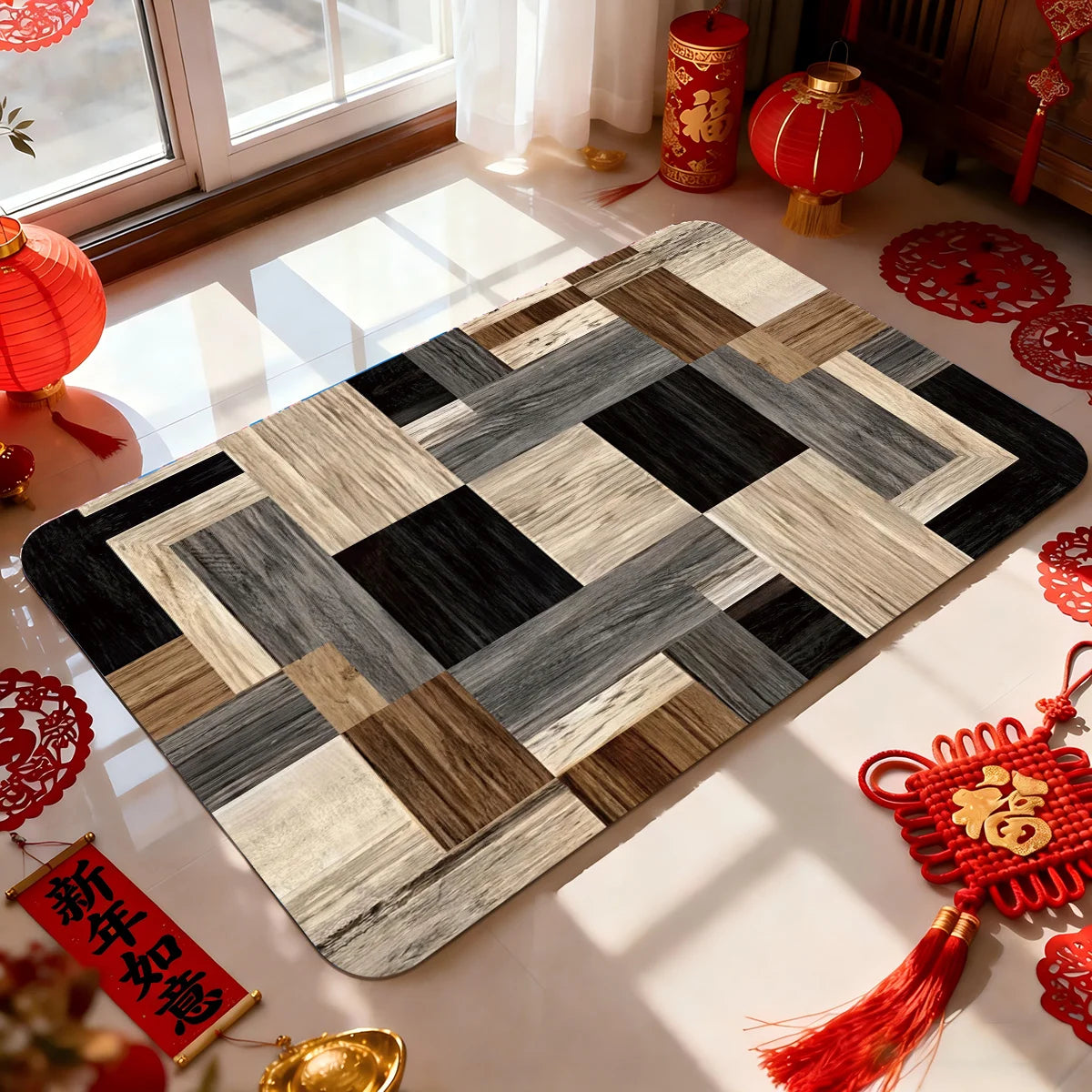 Patchwork Wood Tile Rug – Plaid Design in Neutral Tones for Living Room, Bedroom & Bathroom 40x60cm 50x80cm