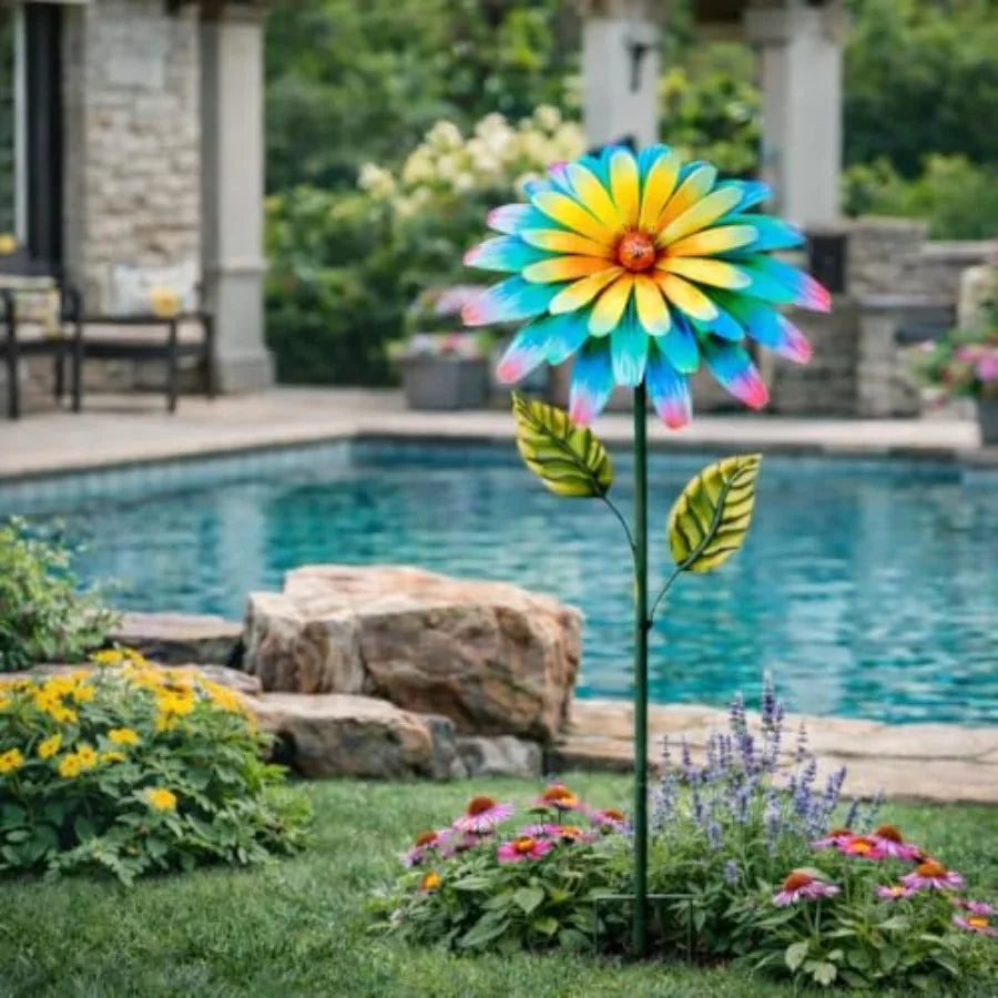 Metal Yard Stake 4" H H Painted Garden with Petals Iron Garden Yard Spring Decor for Lawn Landscape