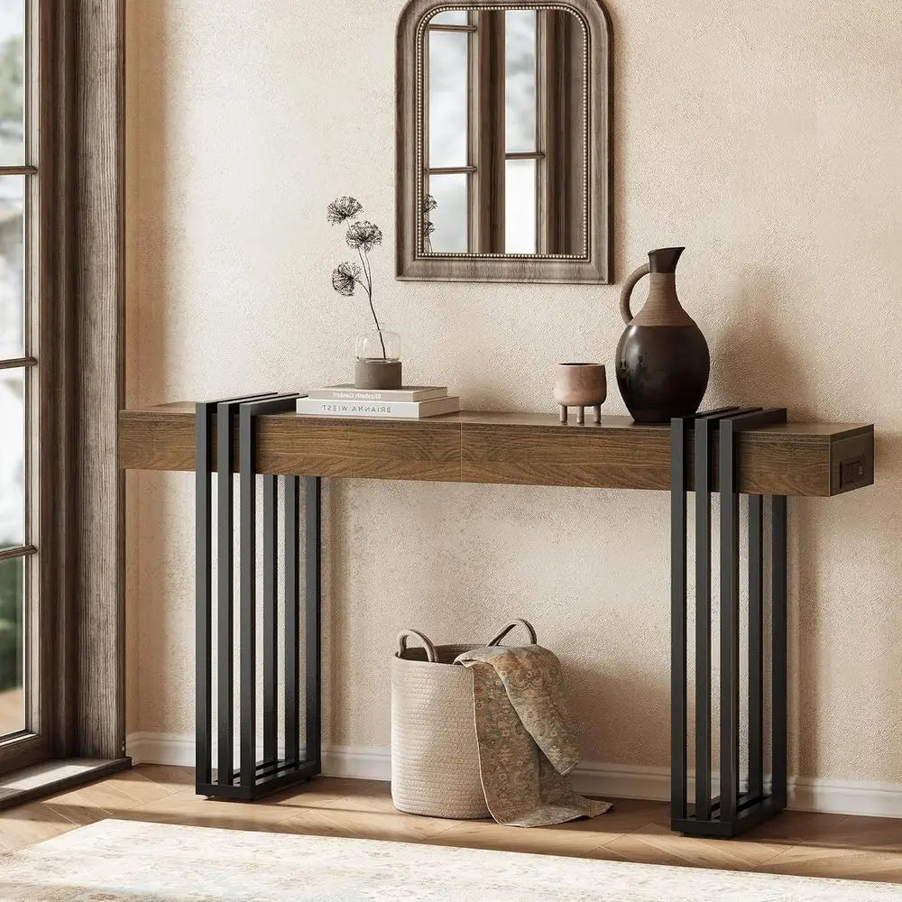 63"Long Console Table for Entryway - Behind Couch Table for Living Room, Wood Sofa Tables with Black Parallel Metal Frame,Walnut