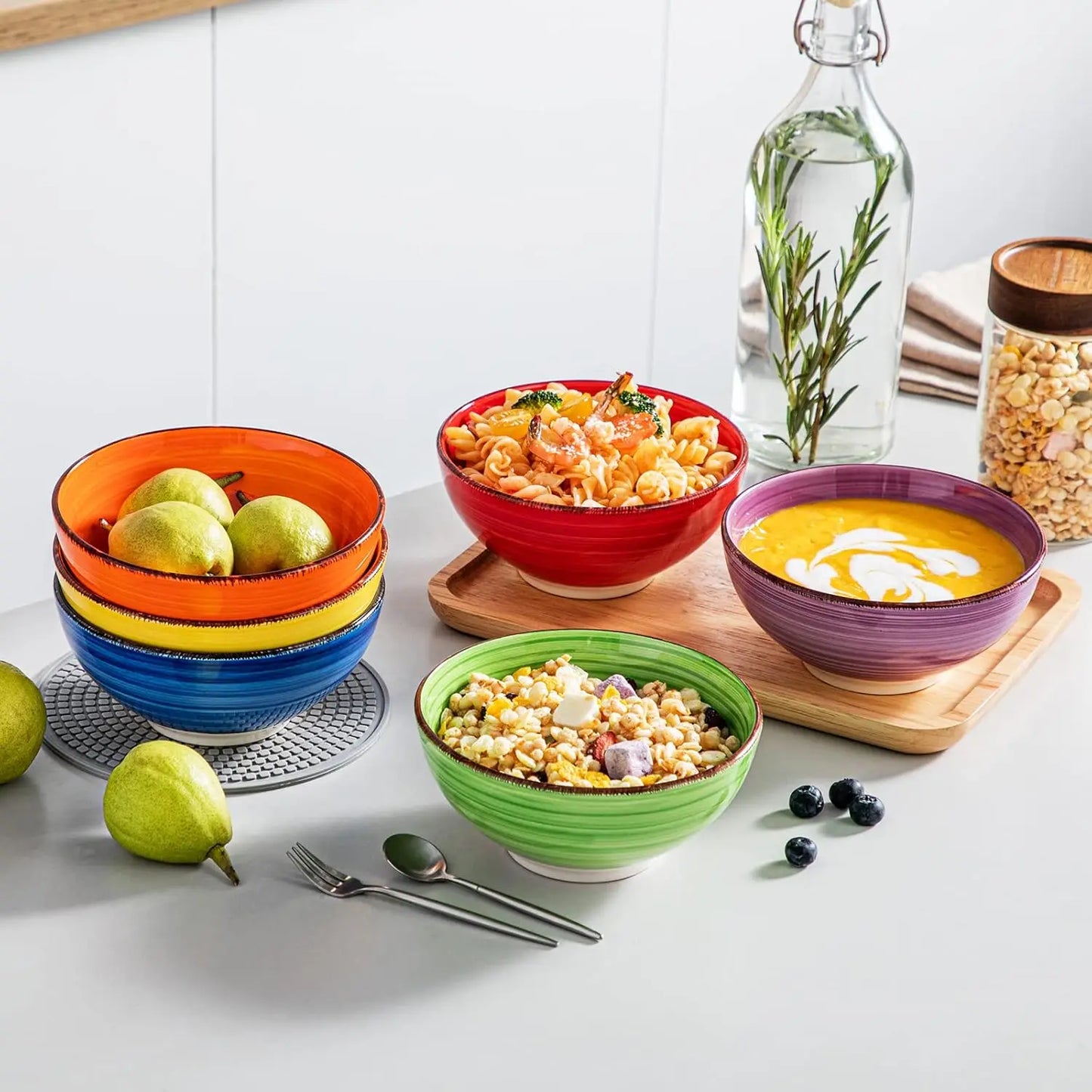 Set of 6 Colorful Ceramic Soup Bowls, 27 Oz Microwave & Dishwasher Safe Kitchen Serving Bowls