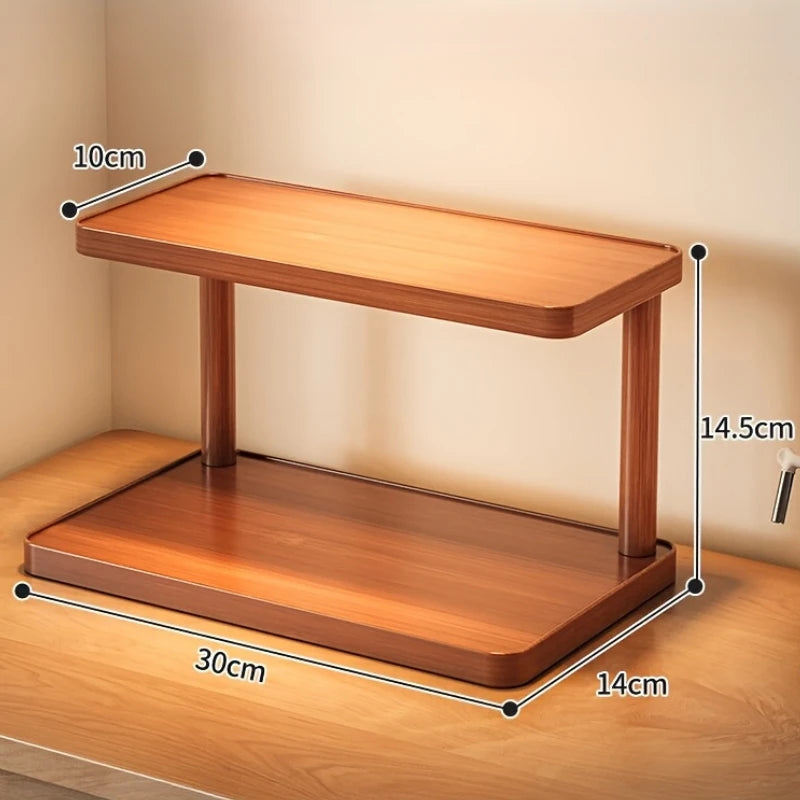 Versatile 2-Tier Wooden Storage Rack for Kitchen & Tea Room - Countertop Organizer with Decorative Handles, Ideal for Spices