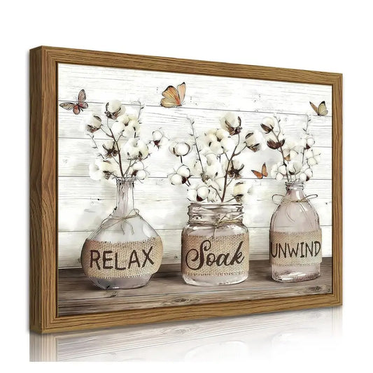 Bathroom Decor Wall Art, Framed Rustic Cotton Pictures Canvas Wall Decor Painting, Modern Country Relax Soak Unwind Sign Artwork