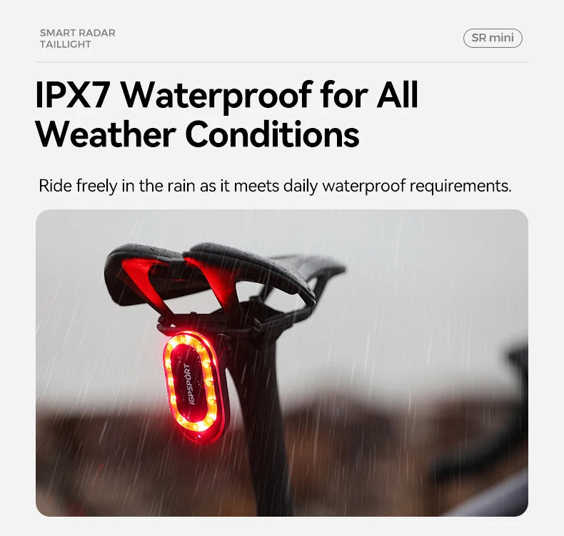 iGPSPORT SRmini Radar Tail Light with Brake Alert IPX7 Waterproof Daytime Running Lamp for Road Cycling Bike Safety