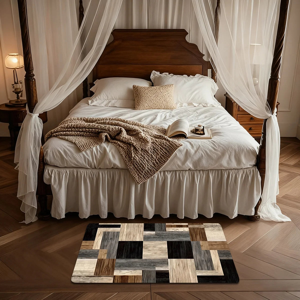 Patchwork Wood Tile Rug – Plaid Design in Neutral Tones for Living Room, Bedroom & Bathroom 40x60cm 50x80cm