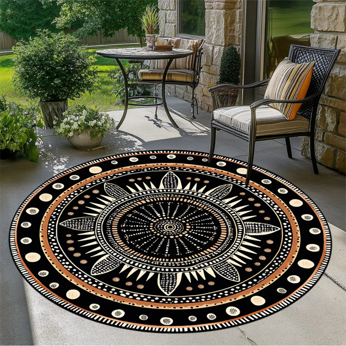 African Geometric Round Rug, Durable Polyester, Fade-Resistant & Washable, Mystical Ethnic Design, for Bedroom/Living Room