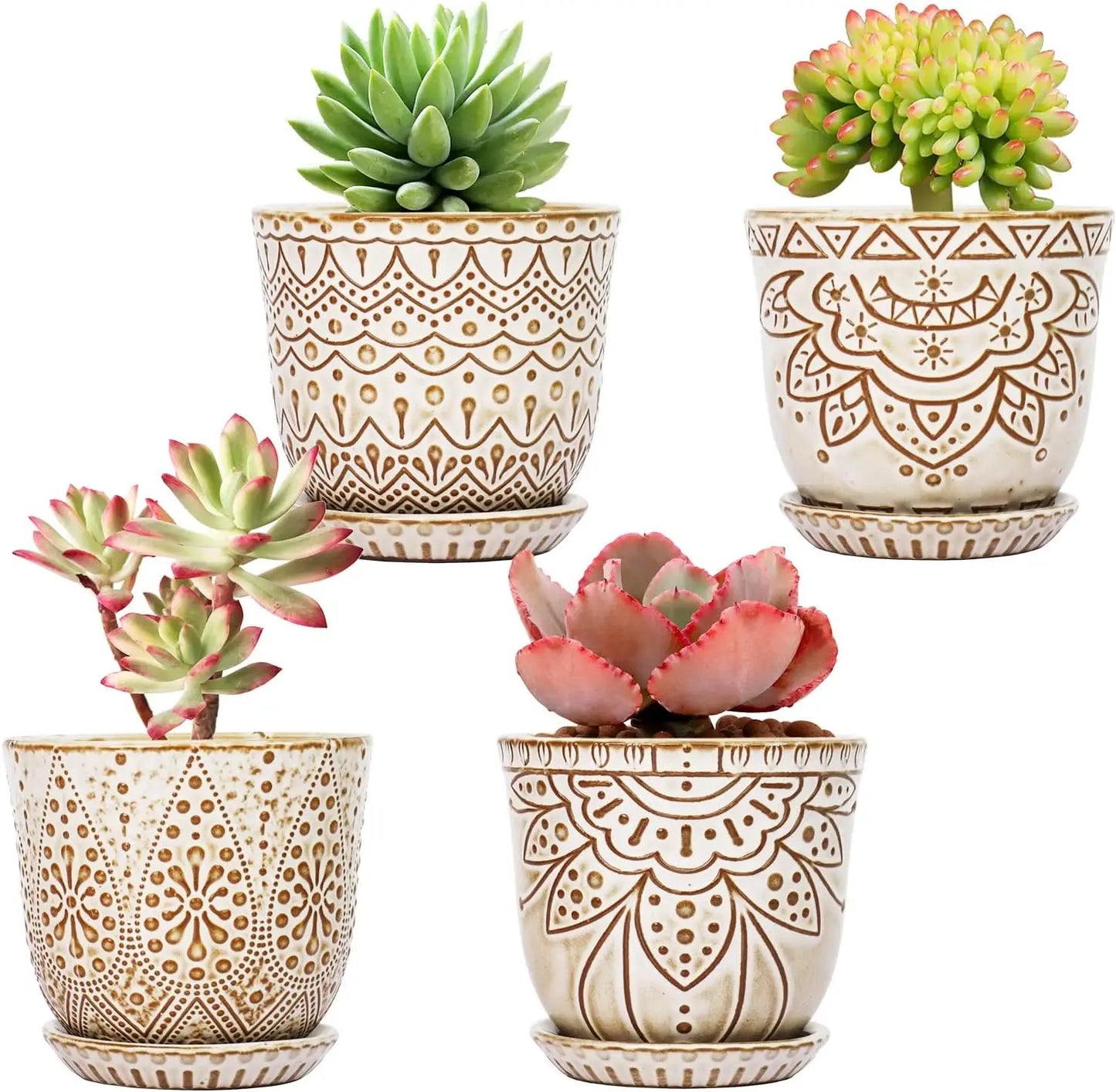4 Inch Ceramic Plant Pots with Drainage Holes and Saucers, Set of 4 for Succulents and Indoor Plants