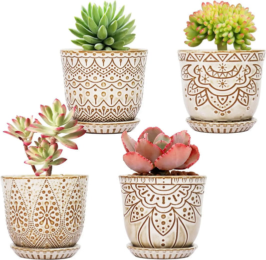 4 Inch Ceramic Plant Pots with Drainage Holes and Saucers, Set of 4 for Succulents and Indoor Plants