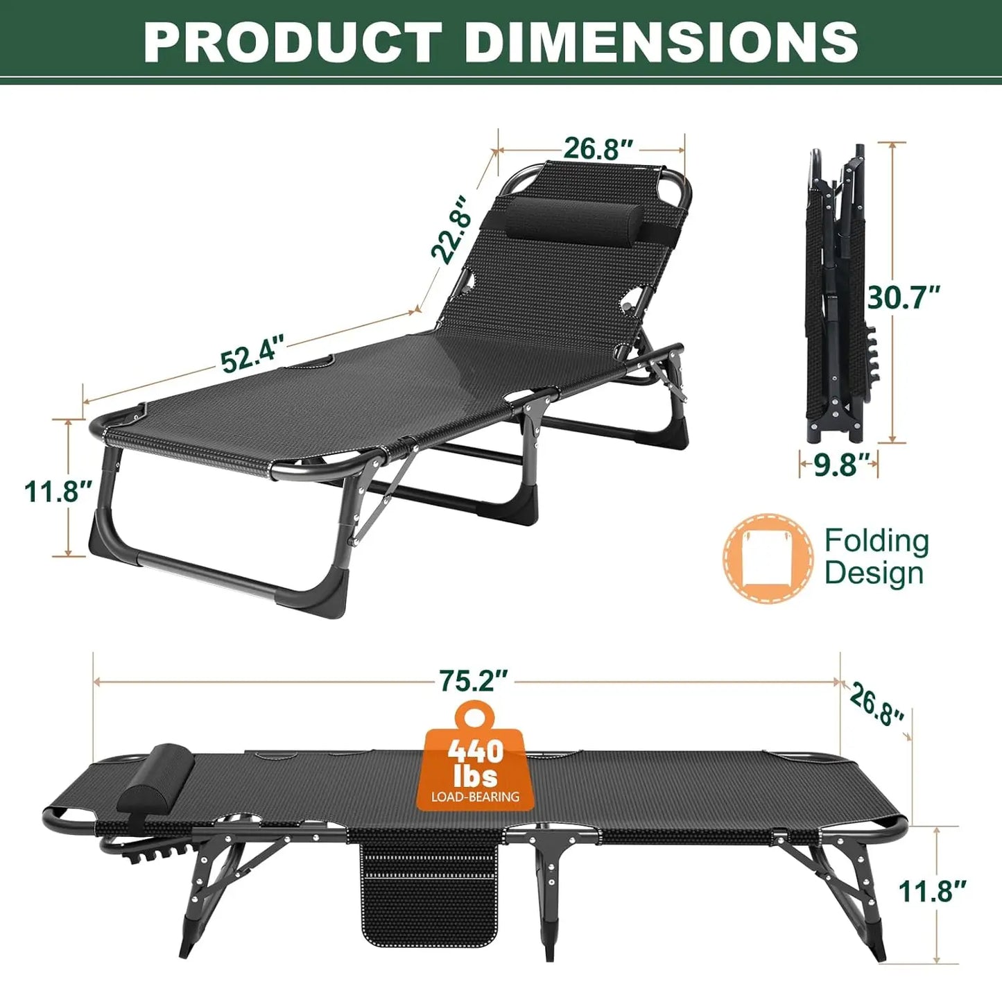Outdoor Folding Chaise Lounge Chair with Mattress, 5 Position Adjustable Patio Reclining, Customized