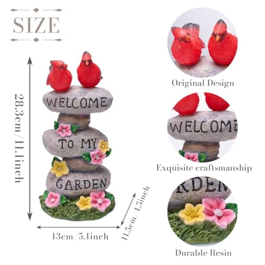 Garden Statues with Outdoor Solar Lights for Garden Decor Cardinal Birds Welcome Yard Sign Rocks and Flower Resin Valentines De