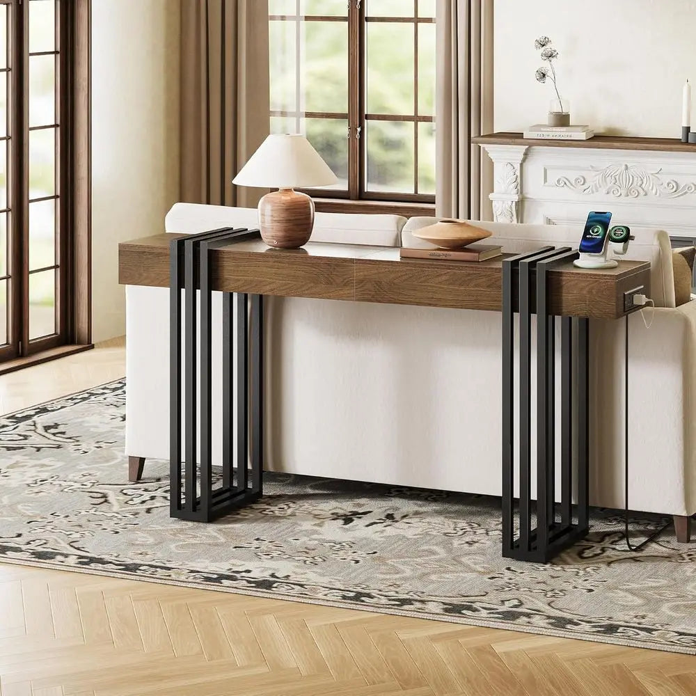 63"Long Console Table for Entryway - Behind Couch Table for Living Room, Wood Sofa Tables with Black Parallel Metal Frame,Walnut