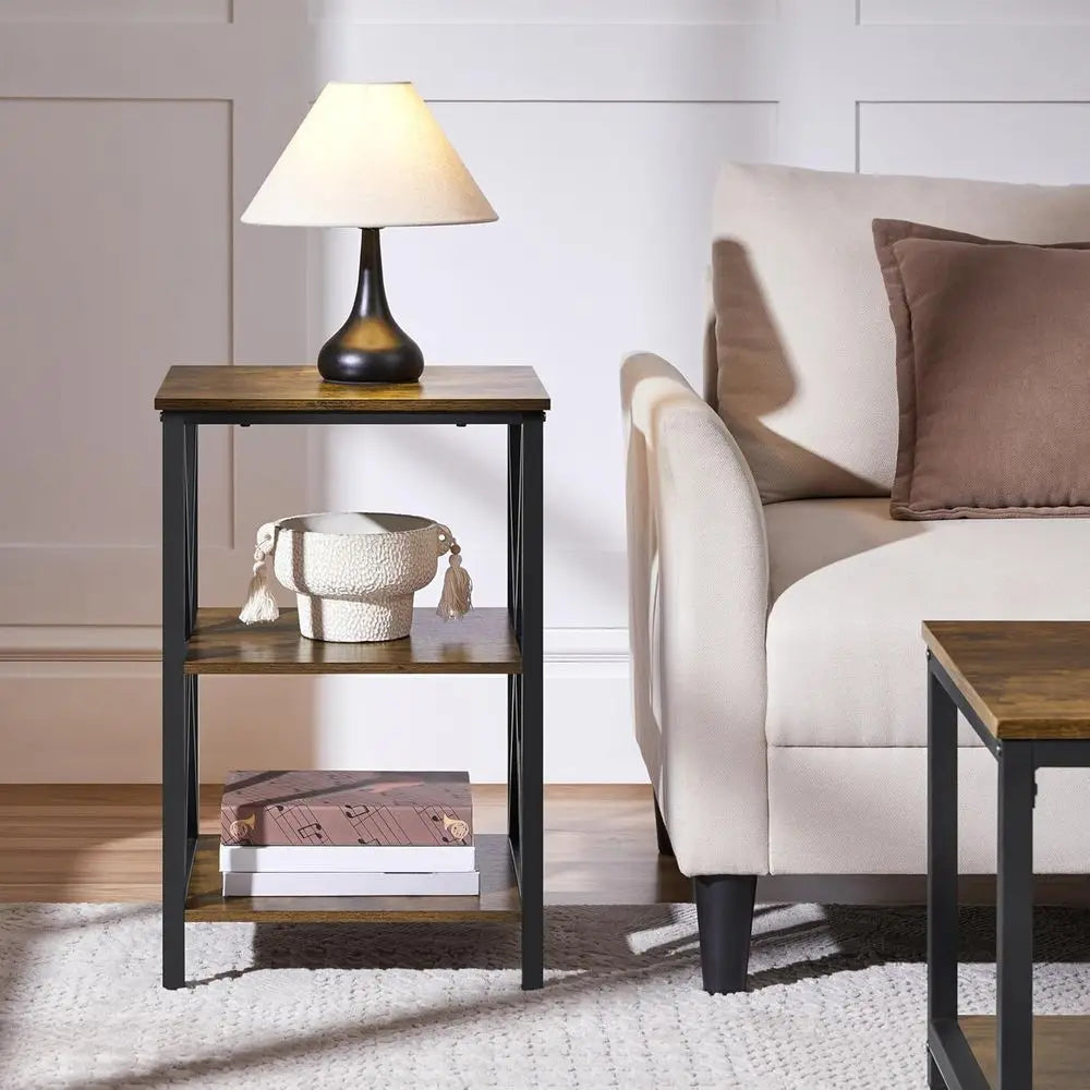 Industrial End Tables Set of 2,3-Tier Side Tables with Storage Shelves for Living Room,X Design, Strong Metal Frame,Rustic Brown