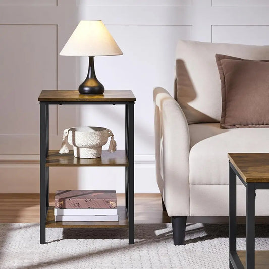 Industrial End Tables Set of 2,3-Tier Side Tables with Storage Shelves for Living Room,X Design, Strong Metal Frame,Rustic Brown