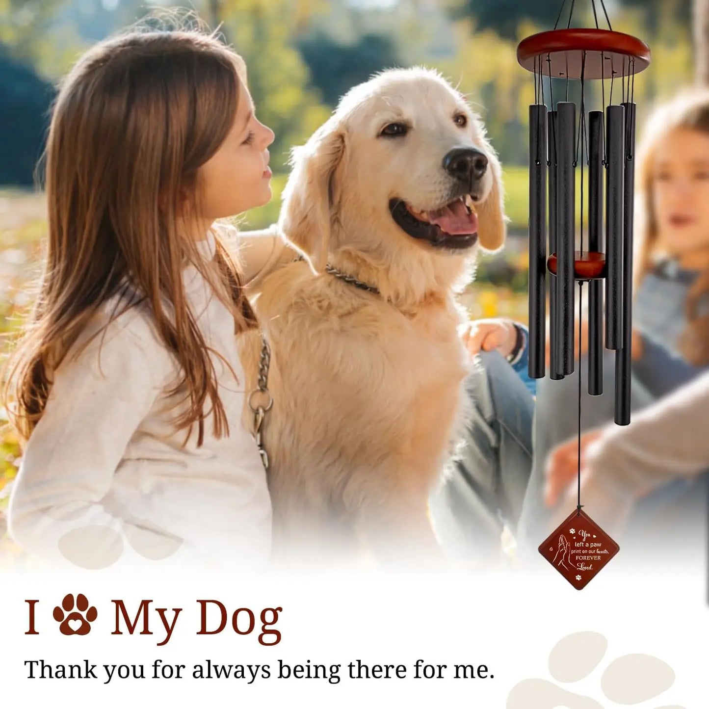 Pet Memorial Wind Chimes for Loss of Dog, Sympathy Gift, Paw Print on Hearts, Outdoor Garden Decor