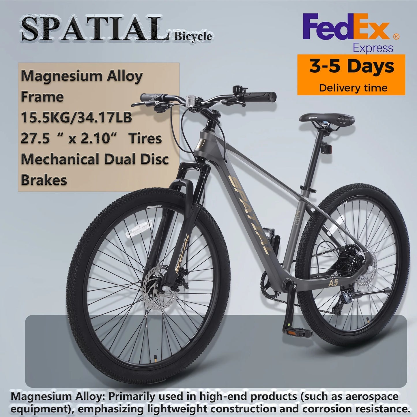 SPATIAL 27.5 Inch Mountain Bike, 21-Speed Alloy Frame Bicycle with Dual Disc Brakes and Suspension Fork